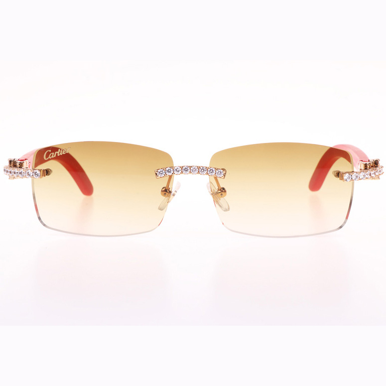 Cartier CT 3524012 Big Diamond Red Wood Sunglasses In Gold Brown - FashionPlug