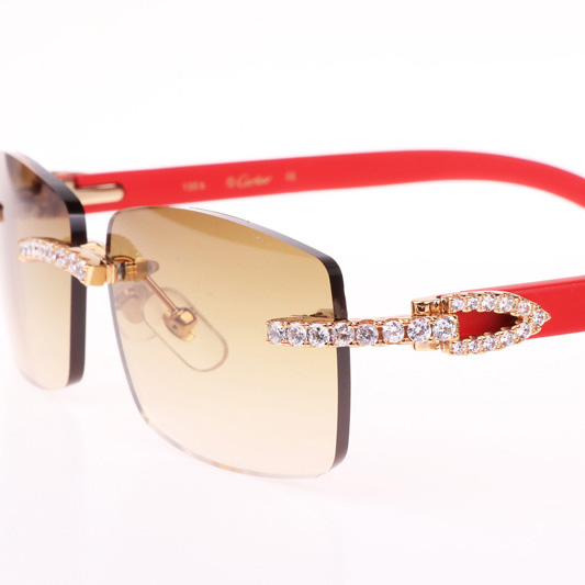 Cartier CT 3524012 Big Diamond Red Wood Sunglasses In Gold Brown - FashionPlug