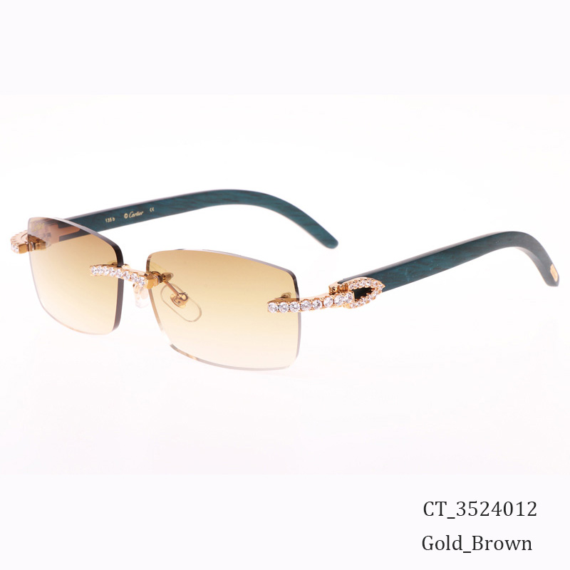 Cartier CT 3524012 Big Diamond Green Wood Sunglasses In Gold Brown - FashionPlug