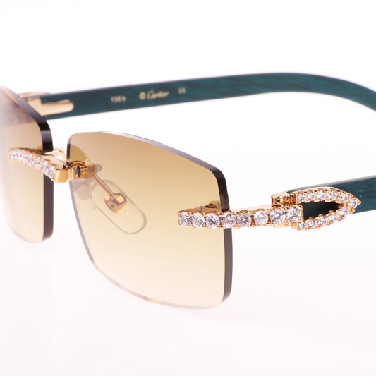 Cartier CT 3524012 Big Diamond Green Wood Sunglasses In Gold Brown - FashionPlug