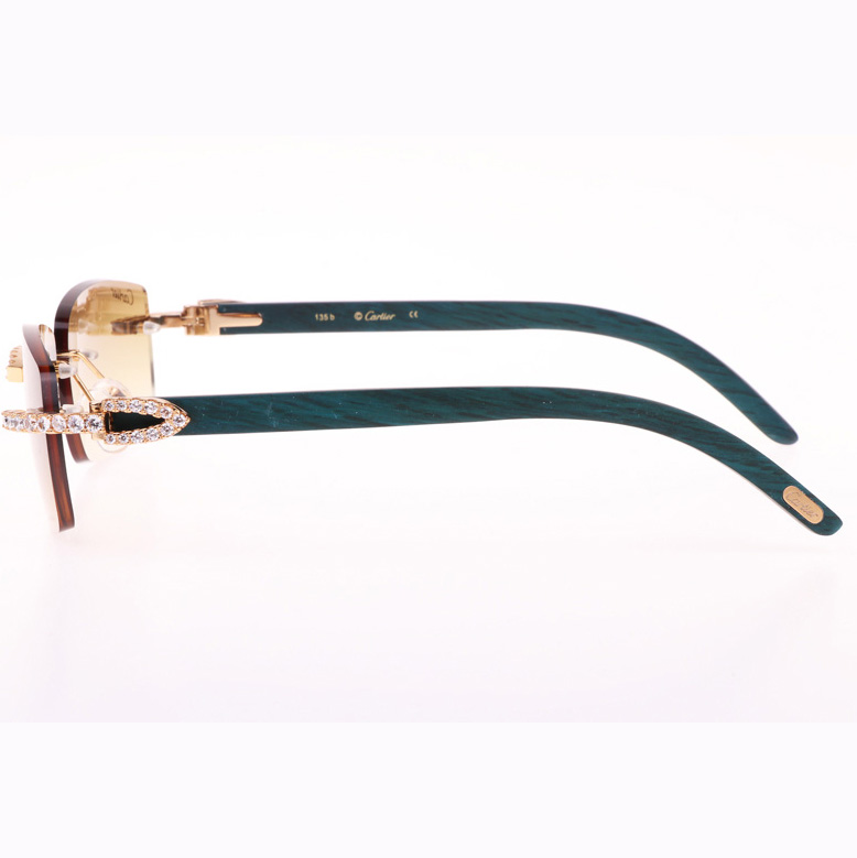 Cartier CT 3524012 Big Diamond Green Wood Sunglasses In Gold Brown - FashionPlug