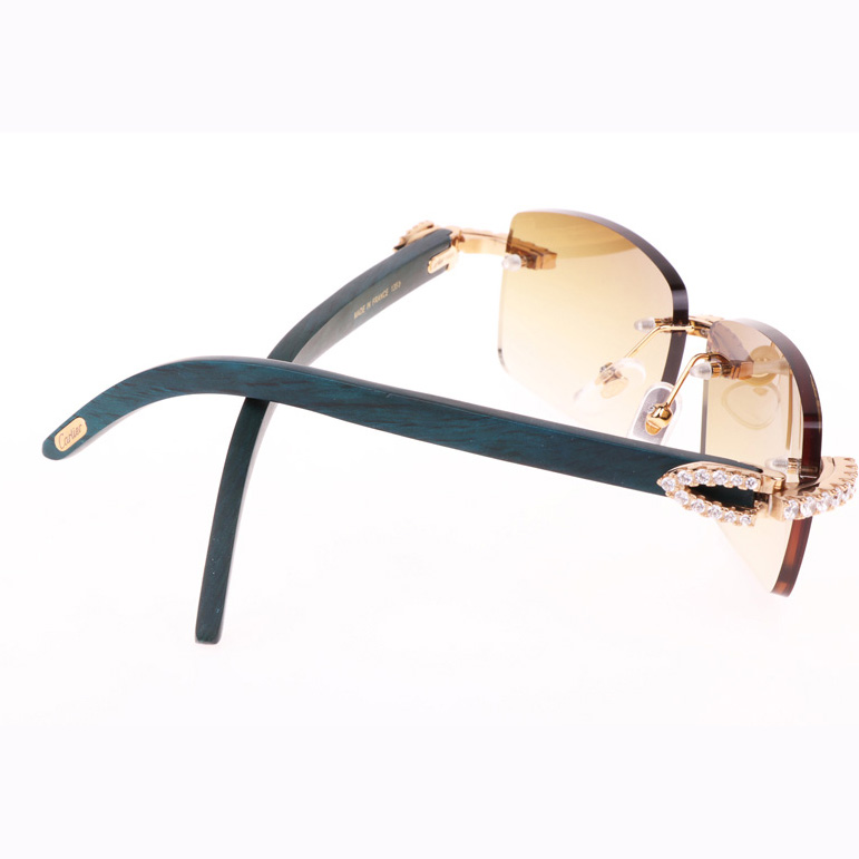 Cartier CT 3524012 Big Diamond Green Wood Sunglasses In Gold Brown - FashionPlug