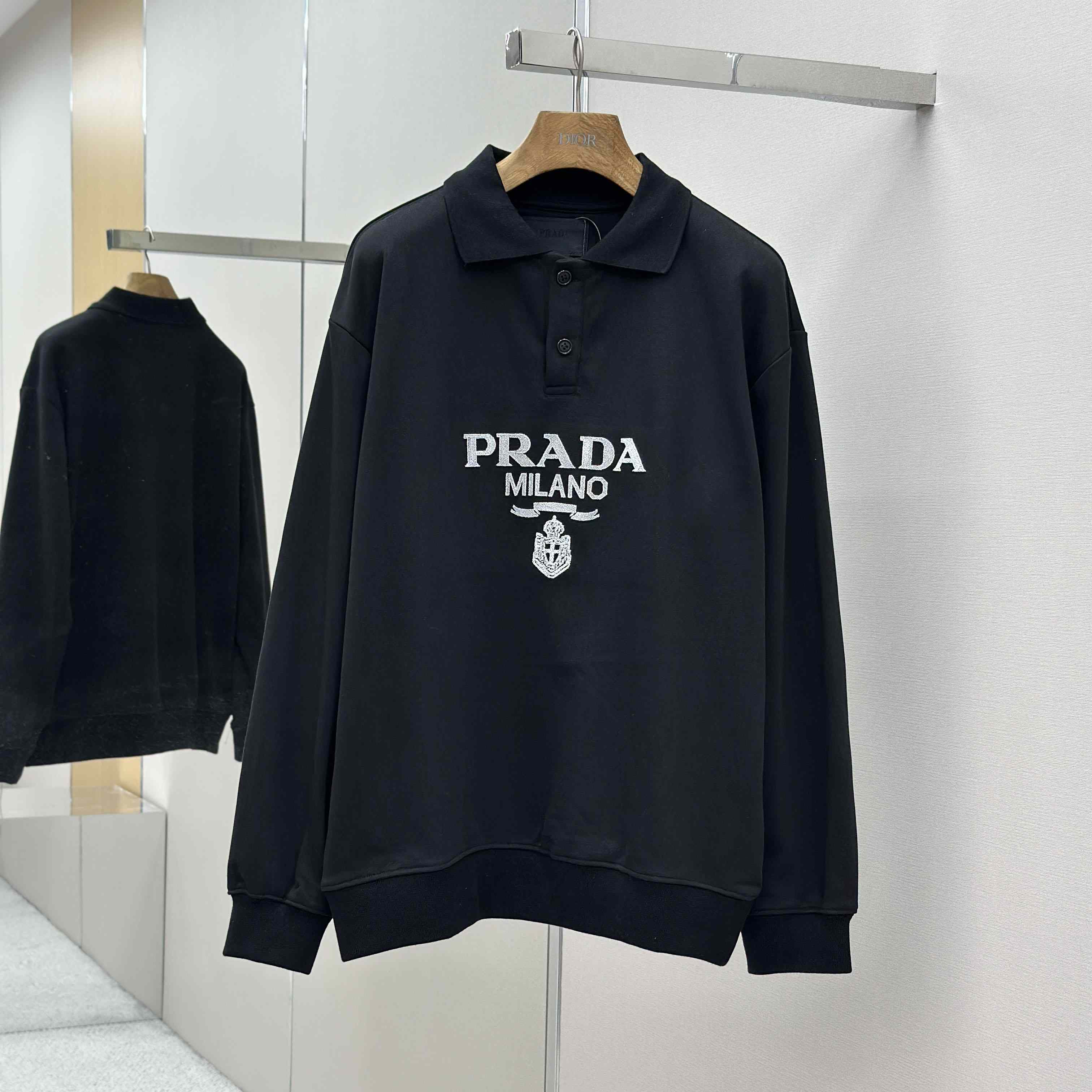Prada Marble Black Long-sleeved Cotton Polo Shirt - FashionPlug