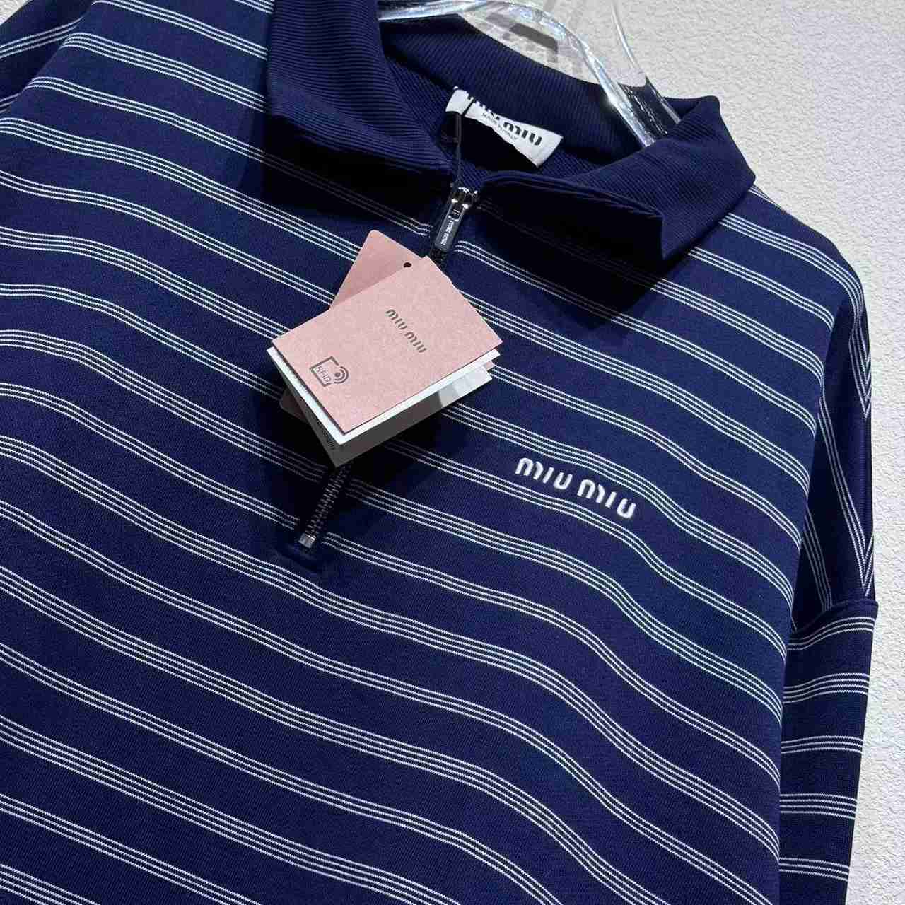 Miu Miu Striped Zipper Polo Shirt - FashionPlug