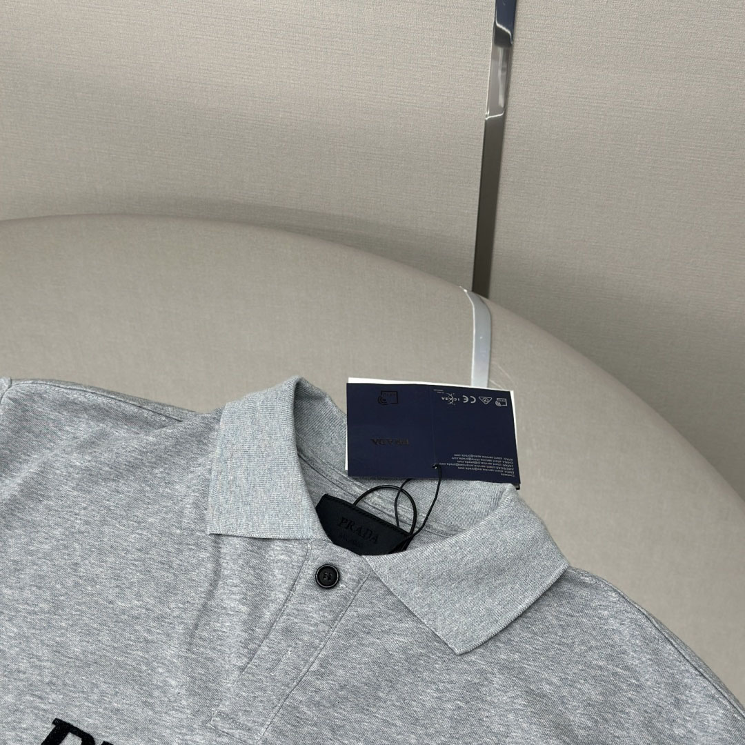 Prada Marble Gray Long-sleeved Cotton Polo Shirt - FashionPlug