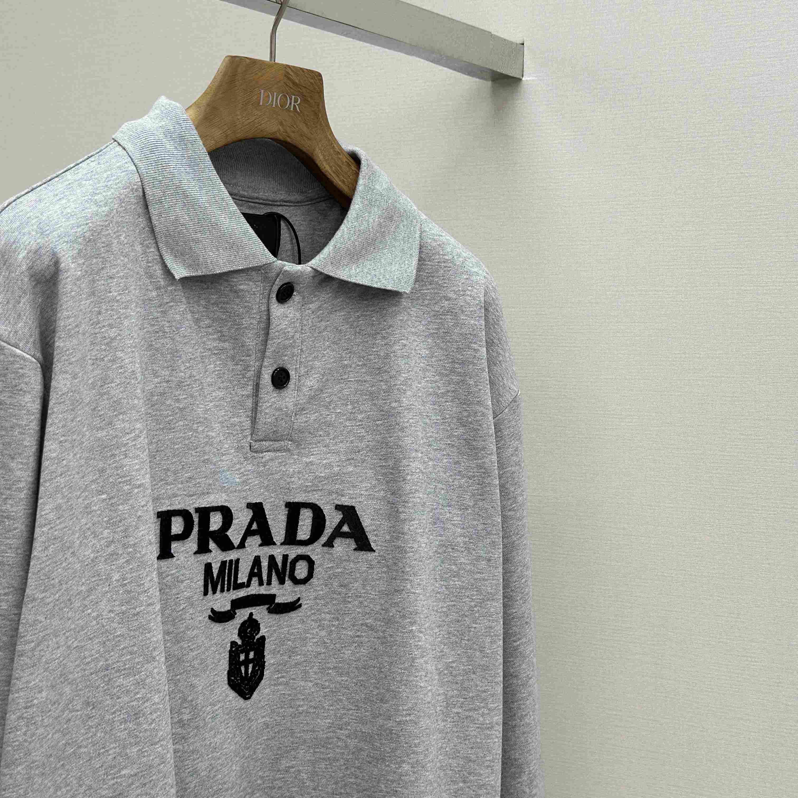 Prada Marble Gray Long-sleeved Cotton Polo Shirt - FashionPlug