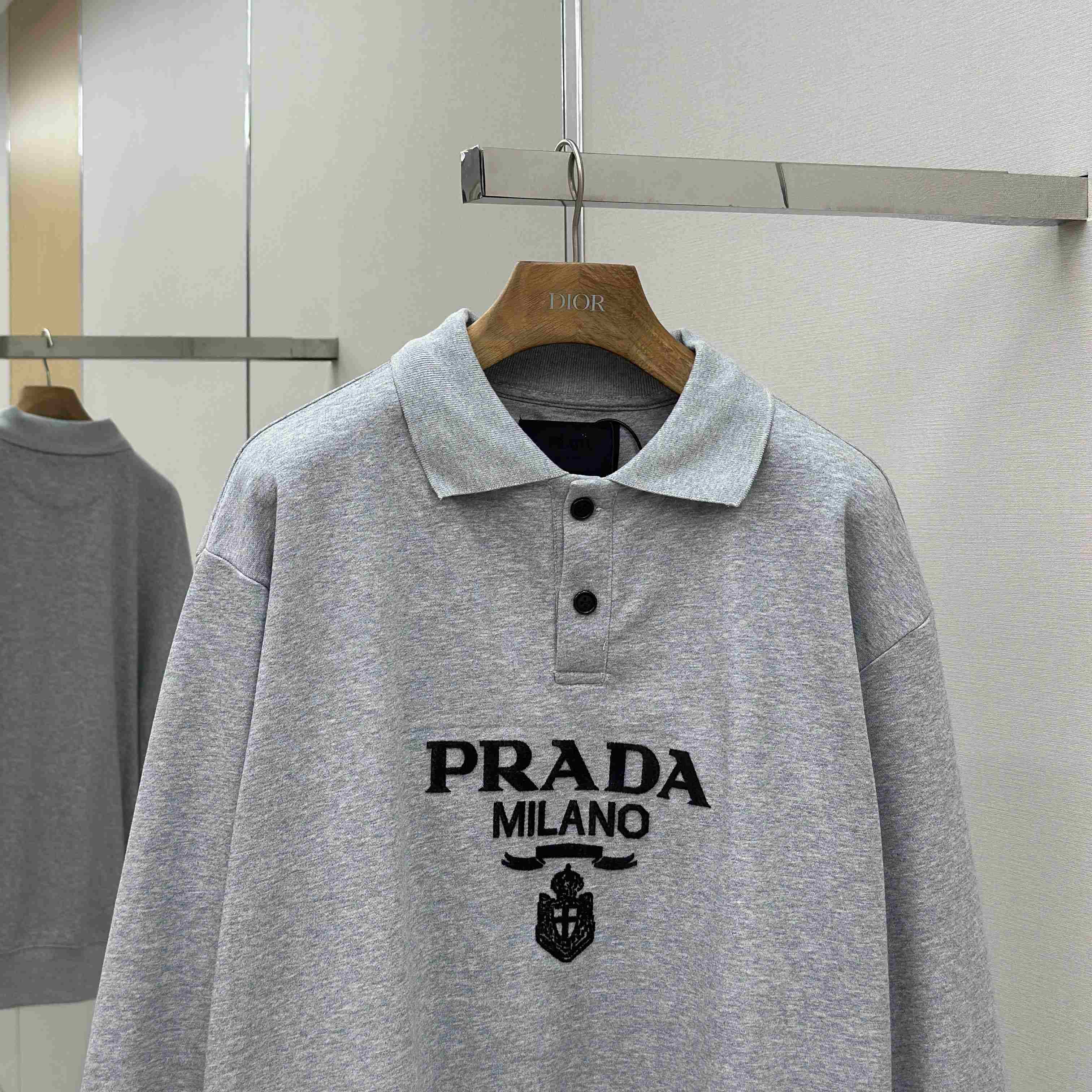 Prada Marble Gray Long-sleeved Cotton Polo Shirt - FashionPlug