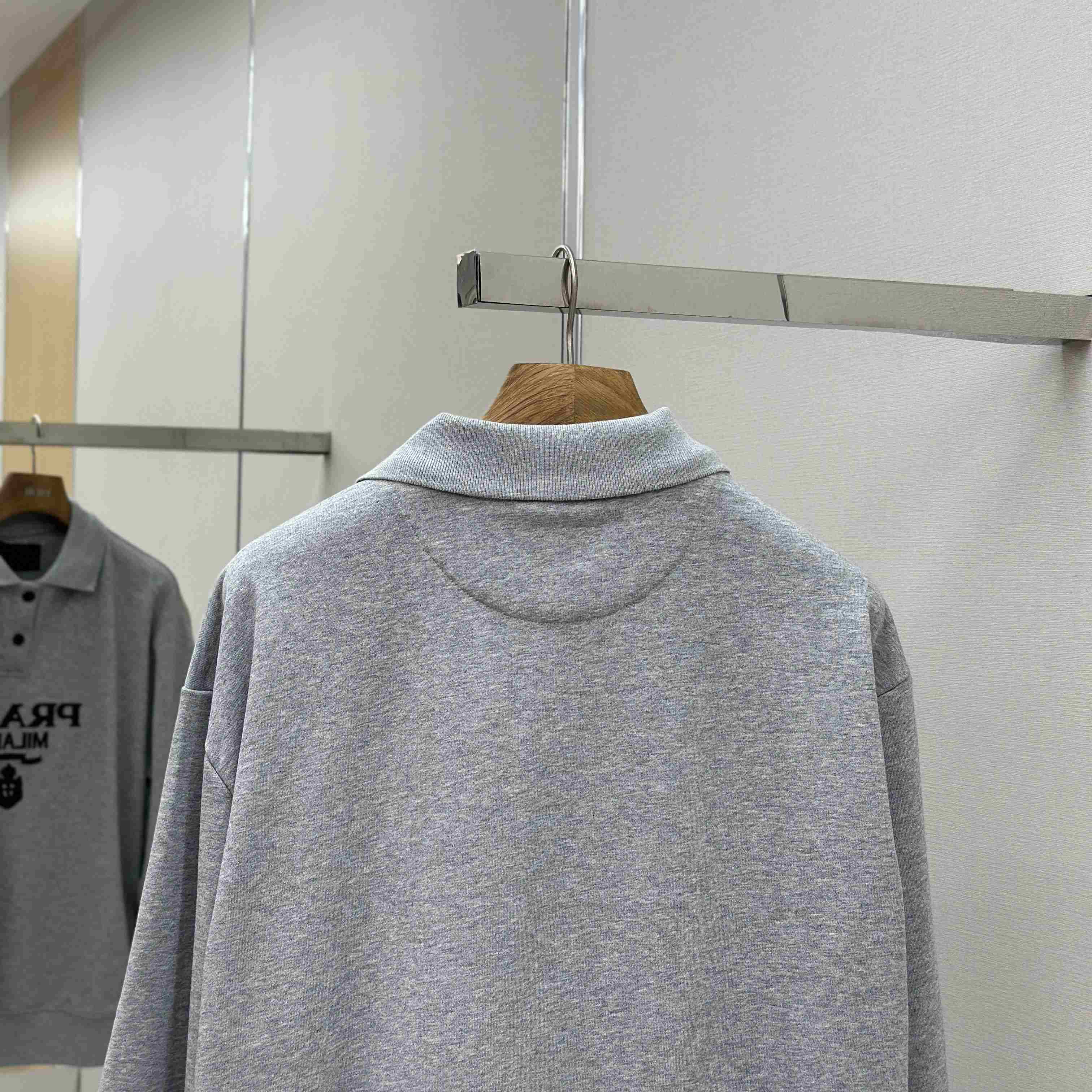 Prada Marble Gray Long-sleeved Cotton Polo Shirt - FashionPlug