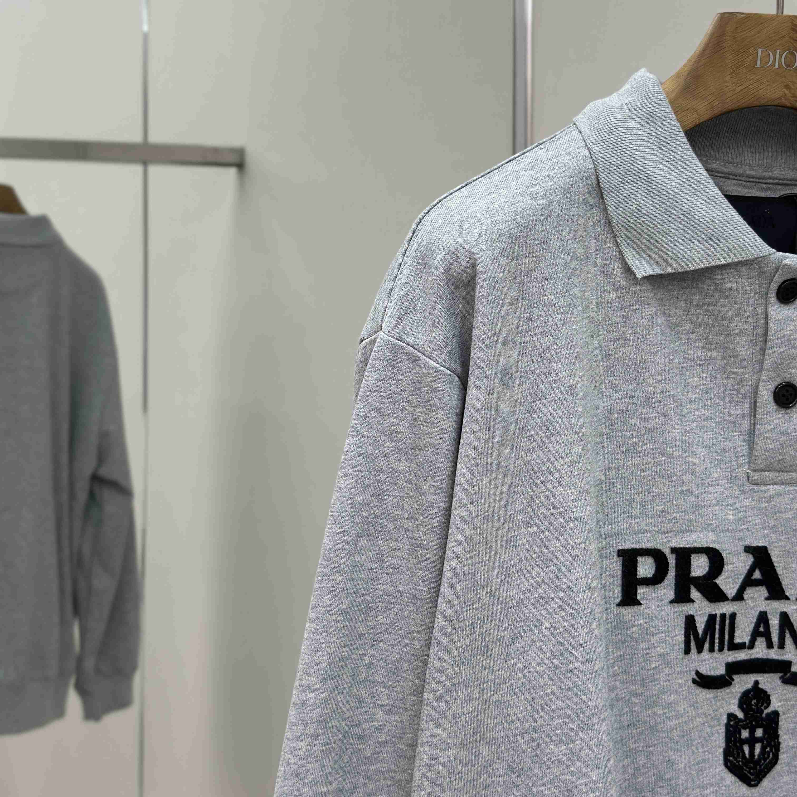Prada Marble Gray Long-sleeved Cotton Polo Shirt - FashionPlug