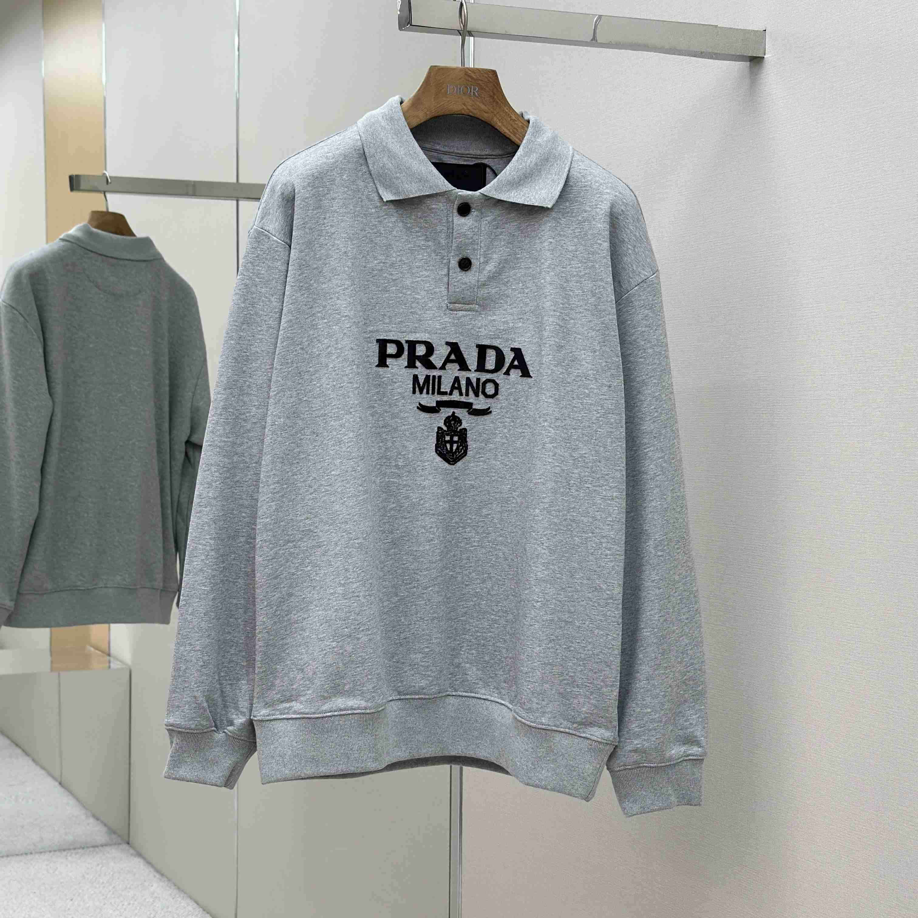 Prada Marble Gray Long-sleeved Cotton Polo Shirt - FashionPlug