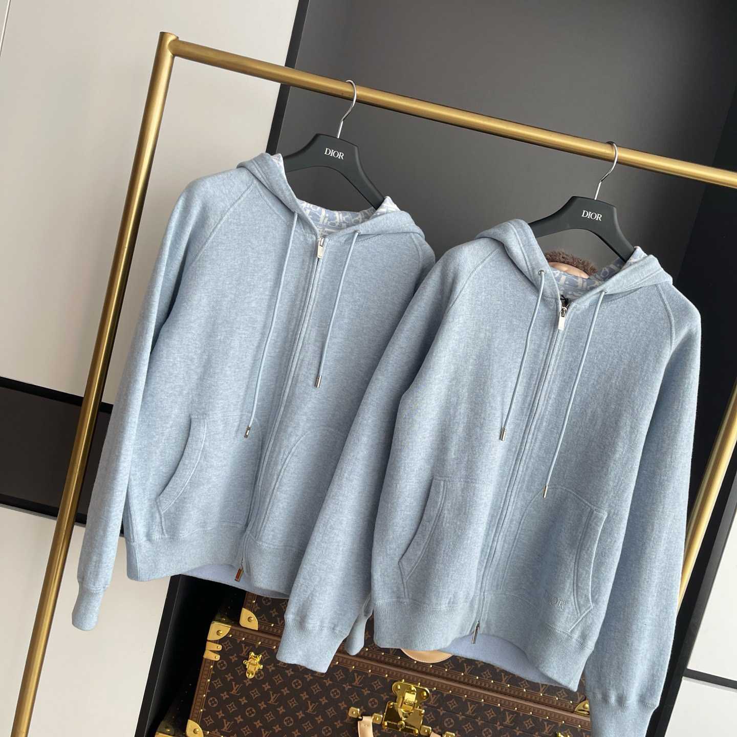Dior Hooded Track Jacket Blue Cotton and Cashmere Knit  - FashionPlug