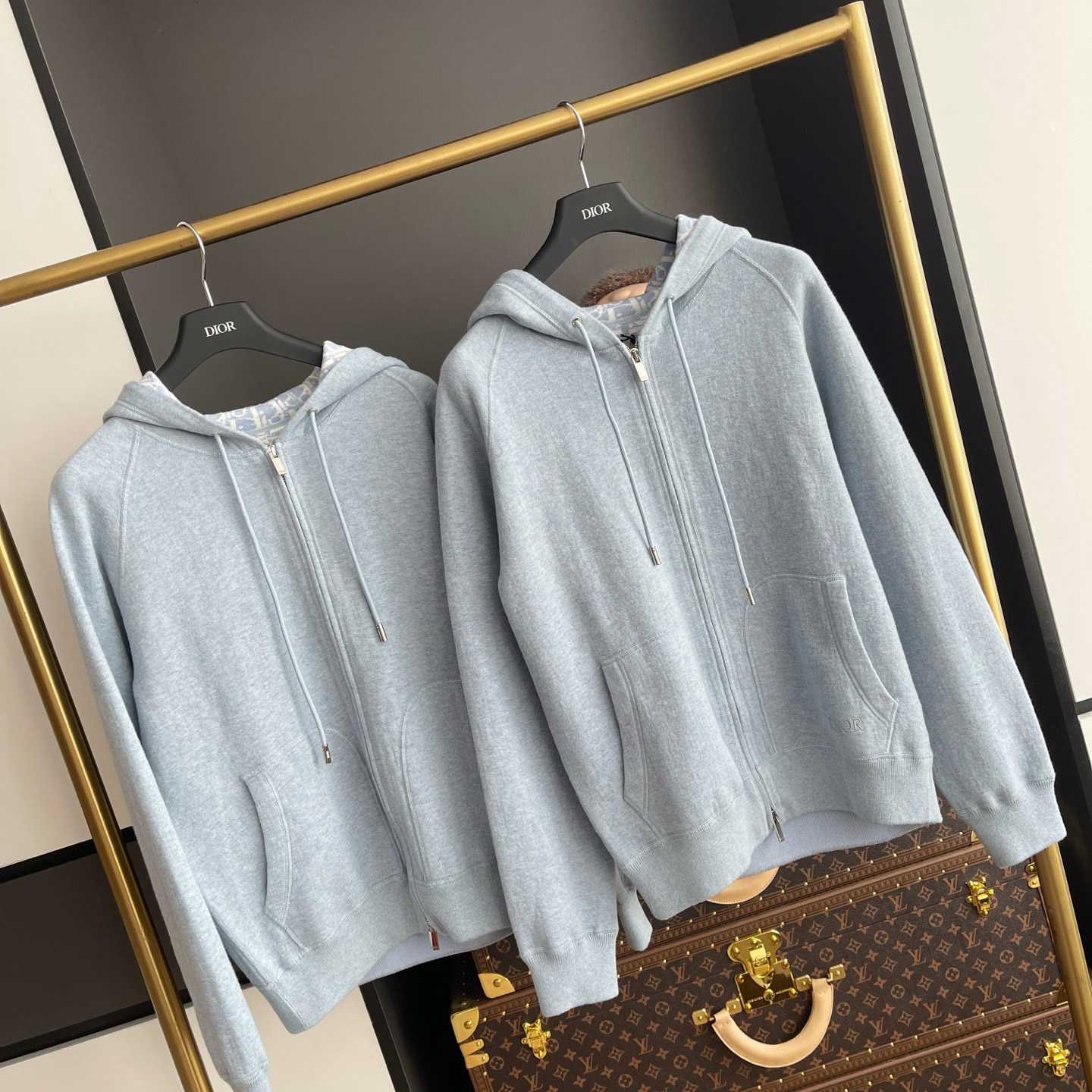 Dior Hooded Track Jacket Blue Cotton and Cashmere Knit  - FashionPlug