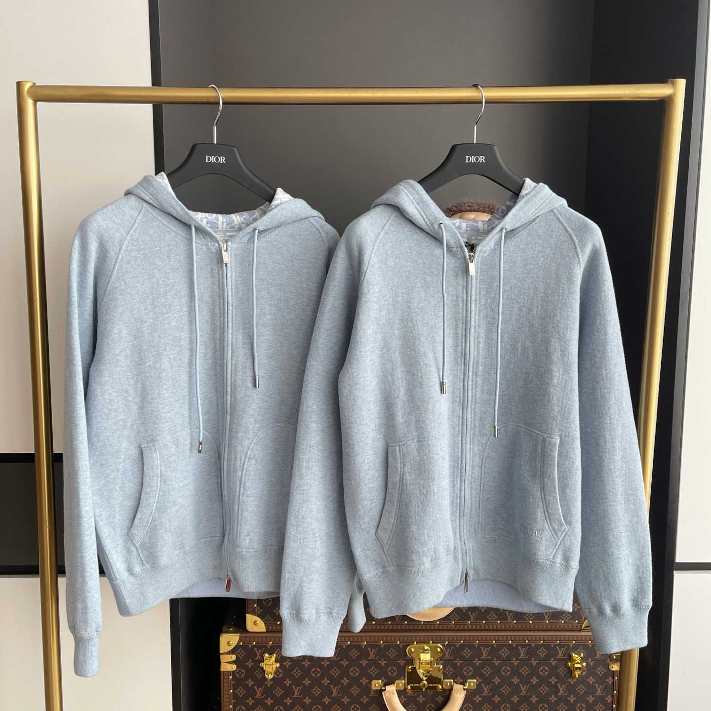 Dior Hooded Track Jacket Blue Cotton and Cashmere Knit  - FashionPlug
