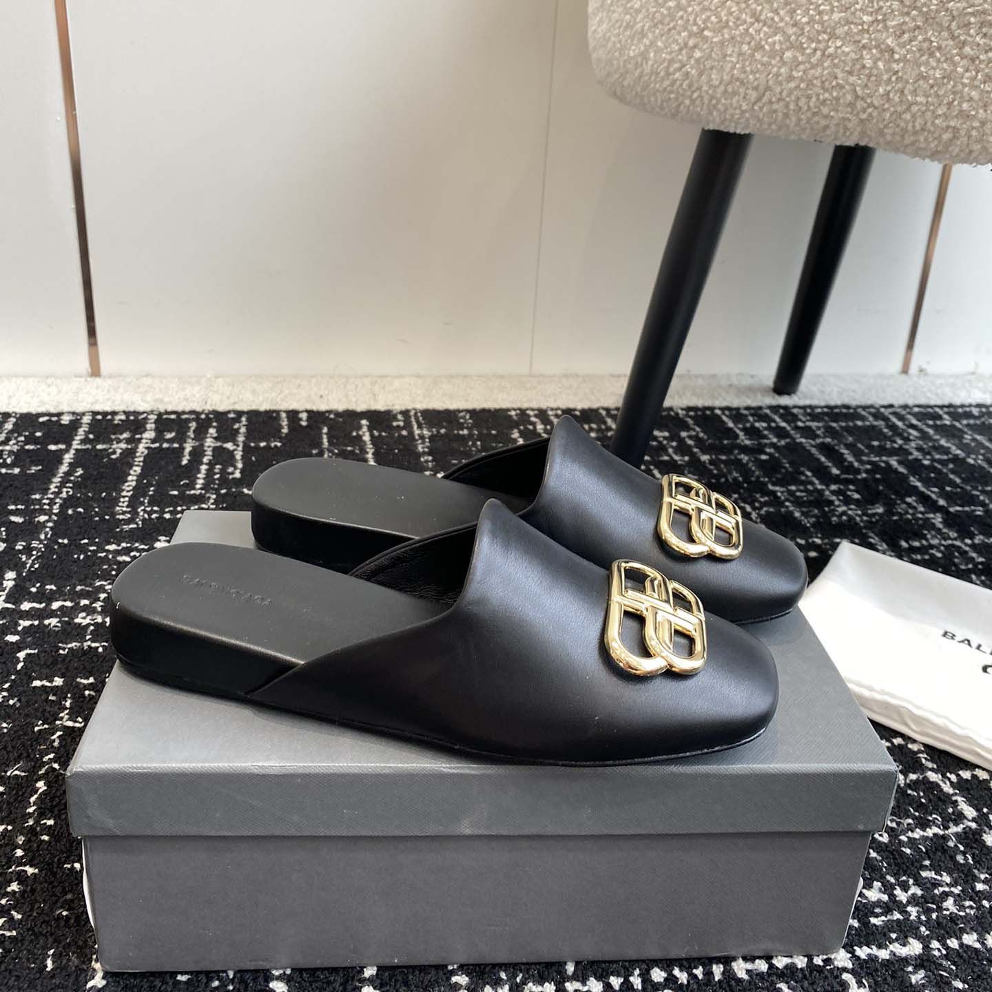 Balenciaga Flat Cosy BB Mule Slide Sandals - FashionPlug