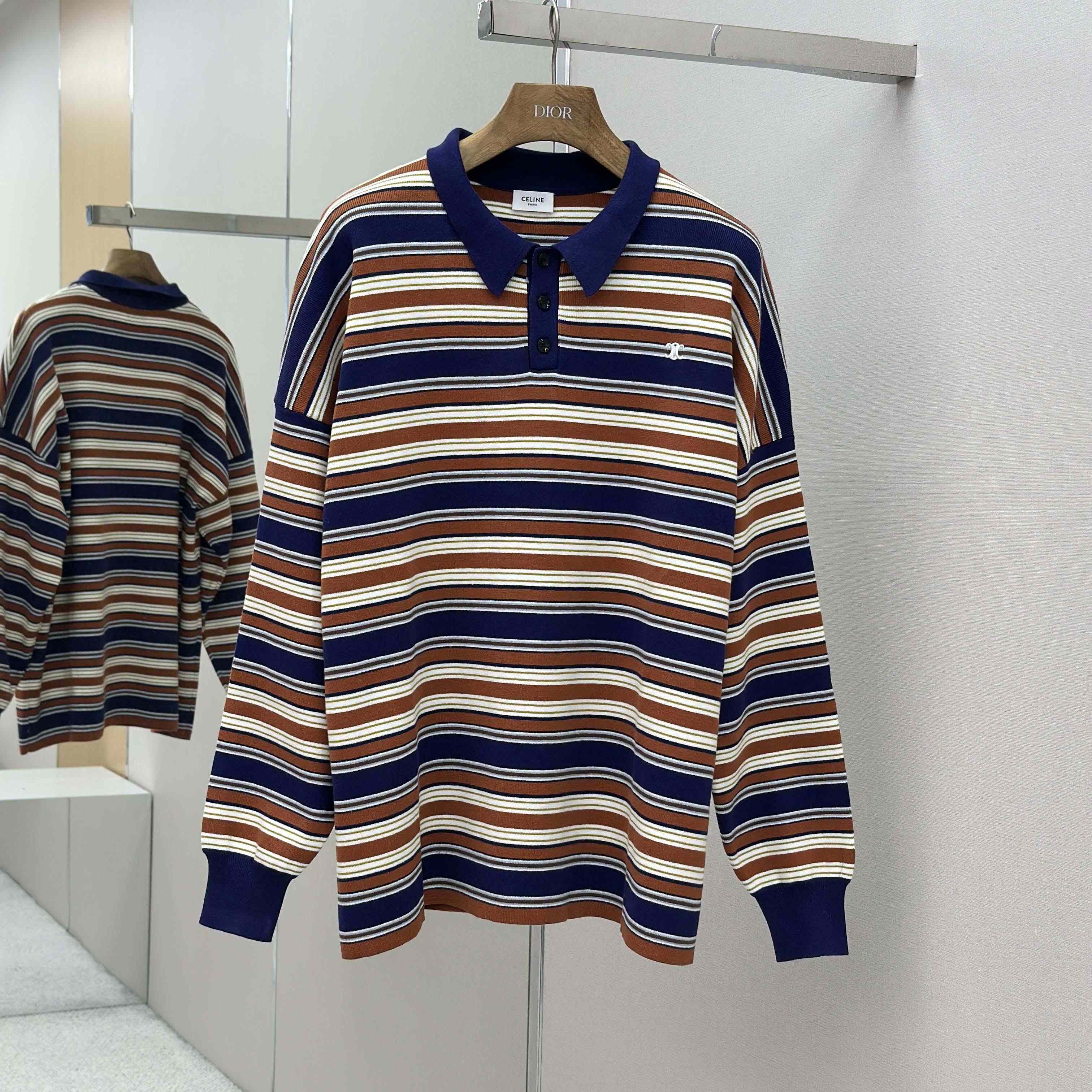 Celine Triomphe Loose Polo In Striped Cotton  - FashionPlug