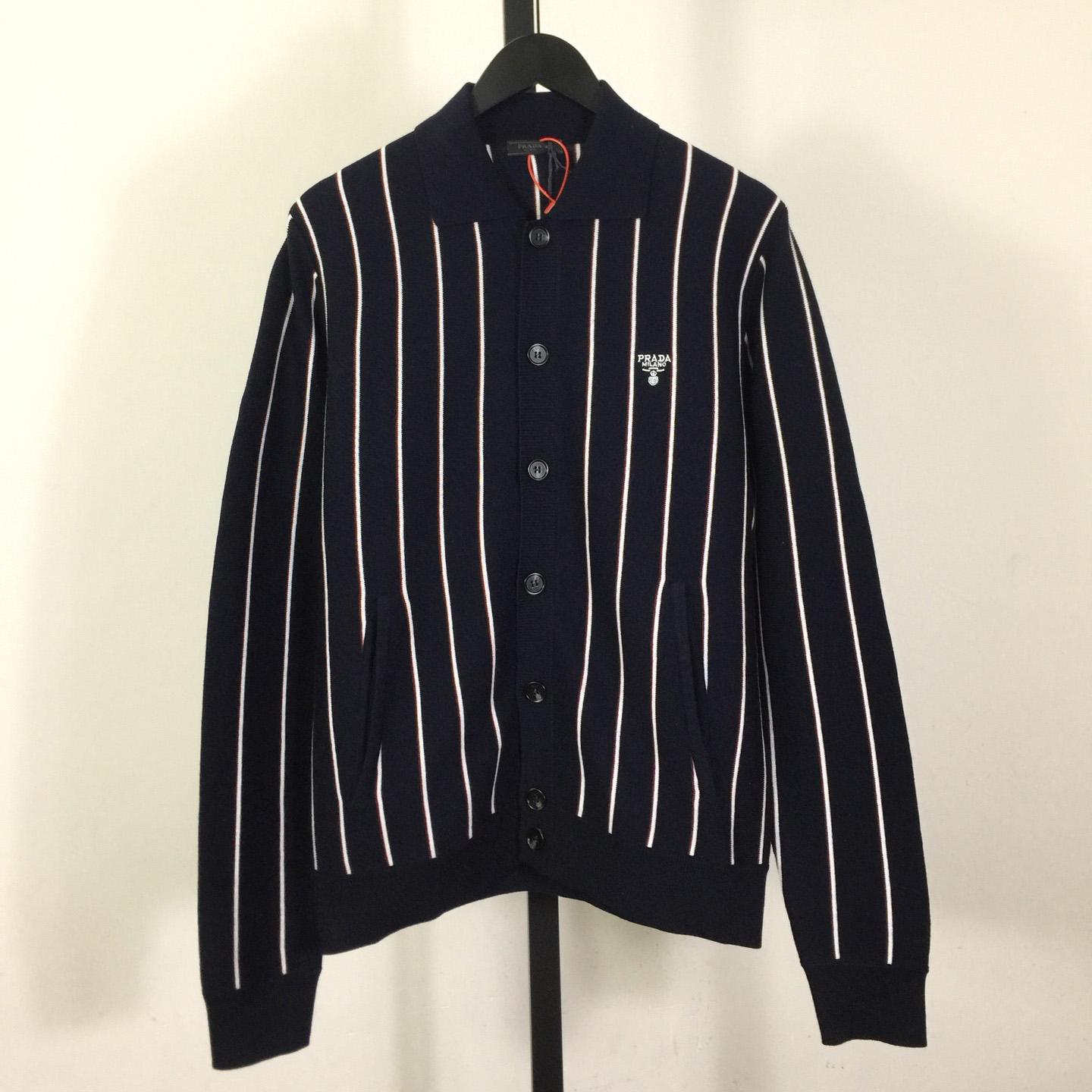 Prada Navy Striped Wool Cardigan  - FashionPlug