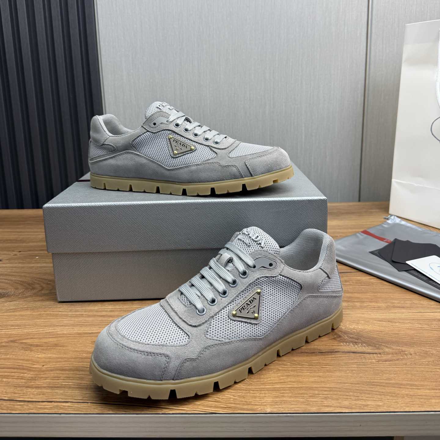 Prada Trail Mesh Fabric And Suede Sneakers - FashionPlug
