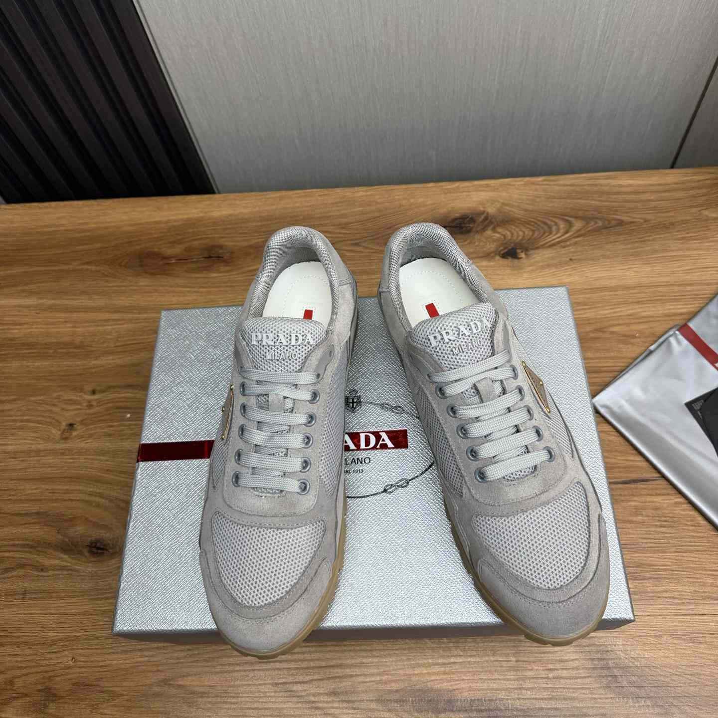 Prada Trail Mesh Fabric And Suede Sneakers - FashionPlug