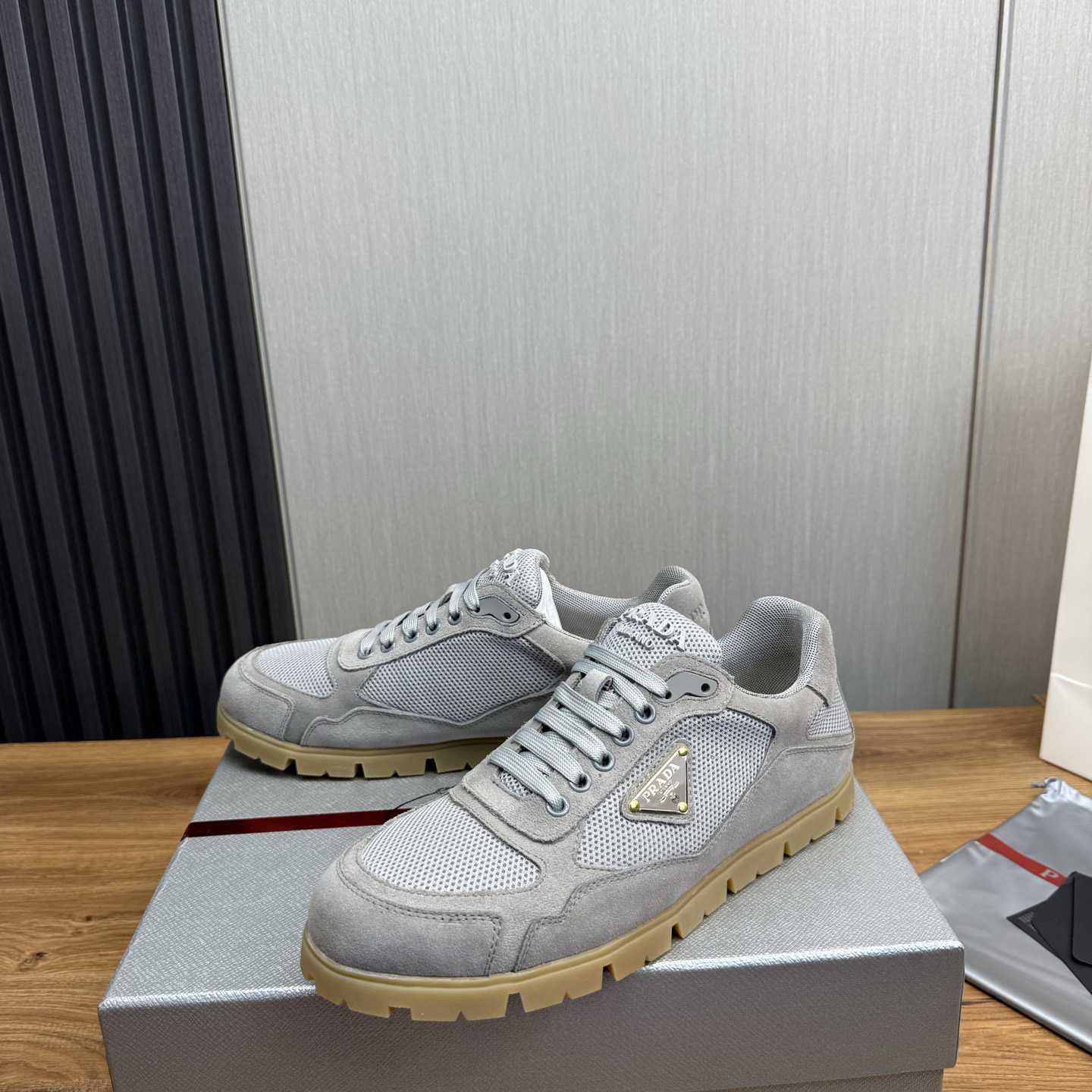 Prada Trail Mesh Fabric And Suede Sneakers - FashionPlug