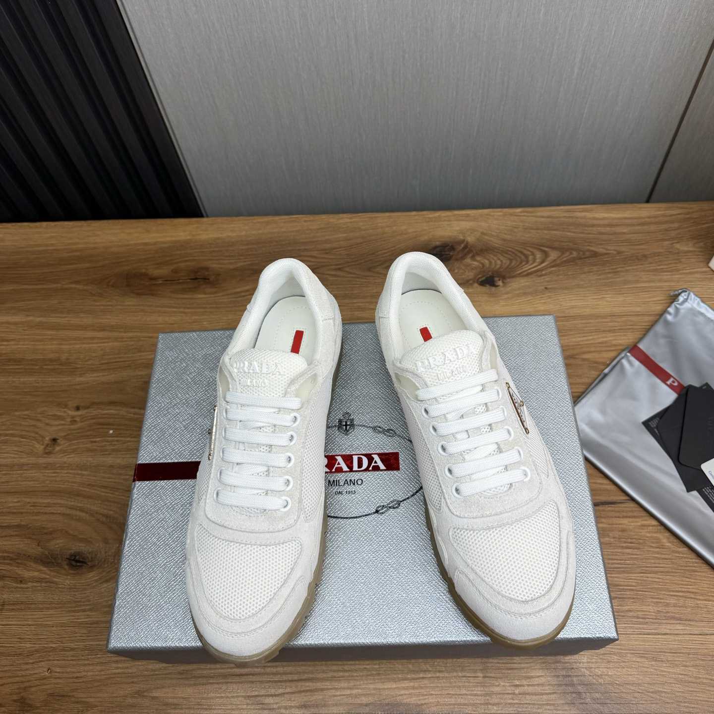 Prada Trail Mesh Fabric And Suede Sneakers - FashionPlug