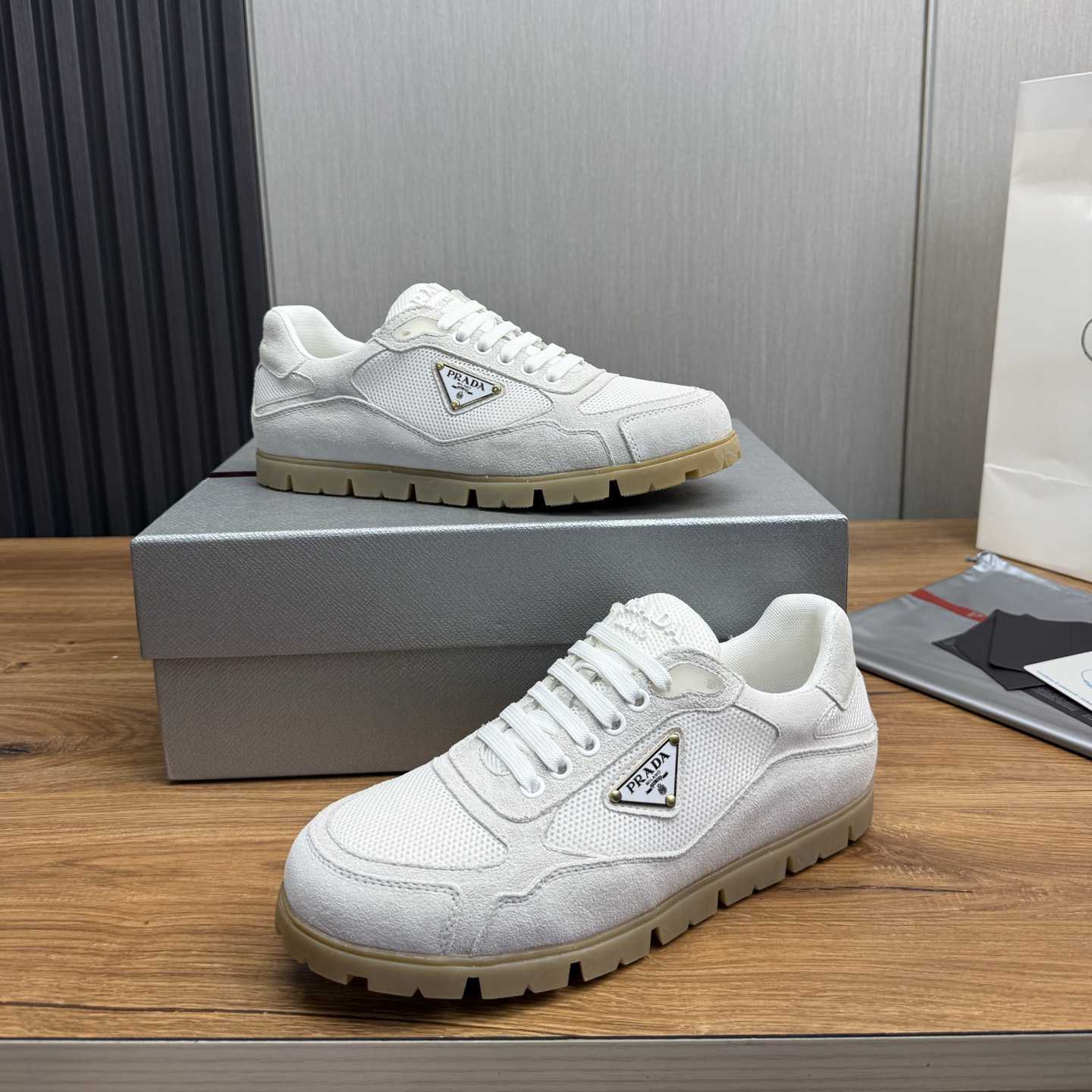 Prada Trail Mesh Fabric And Suede Sneakers - FashionPlug