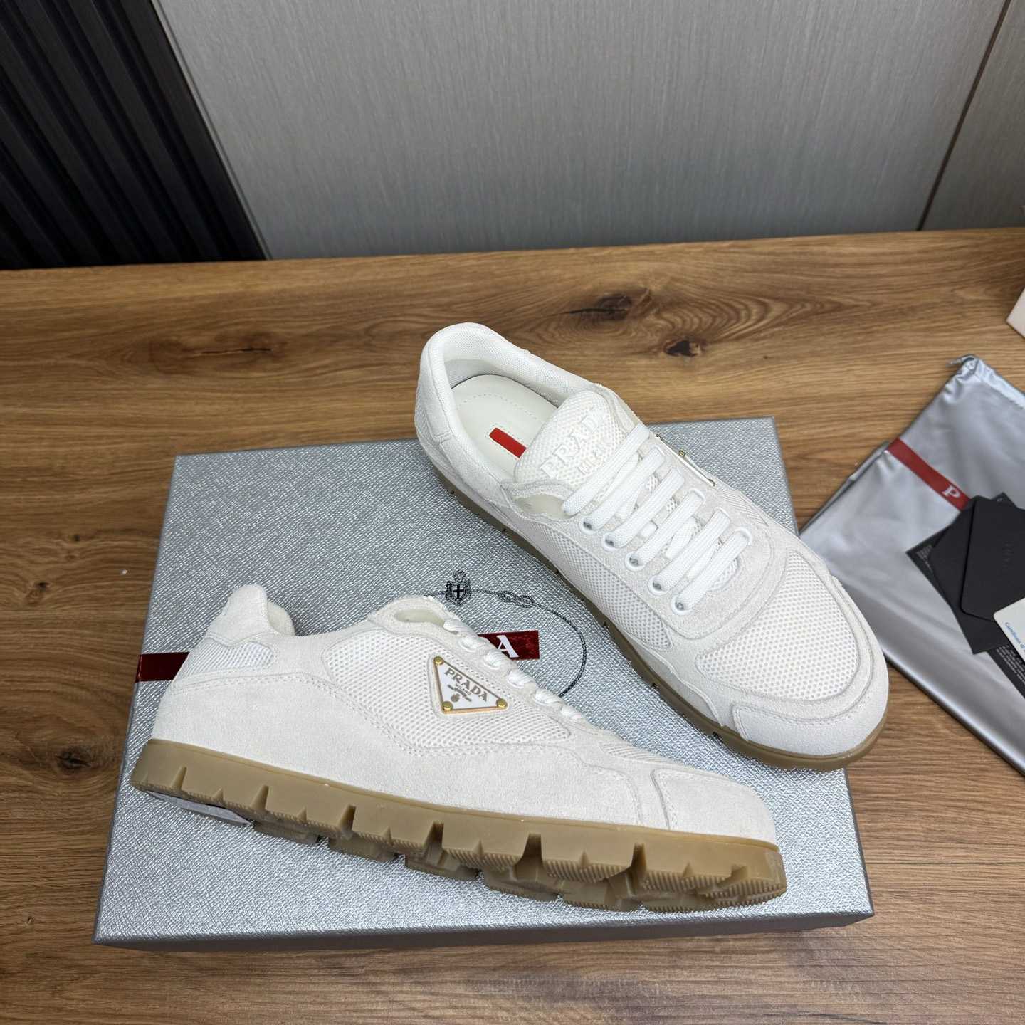 Prada Trail Mesh Fabric And Suede Sneakers - FashionPlug