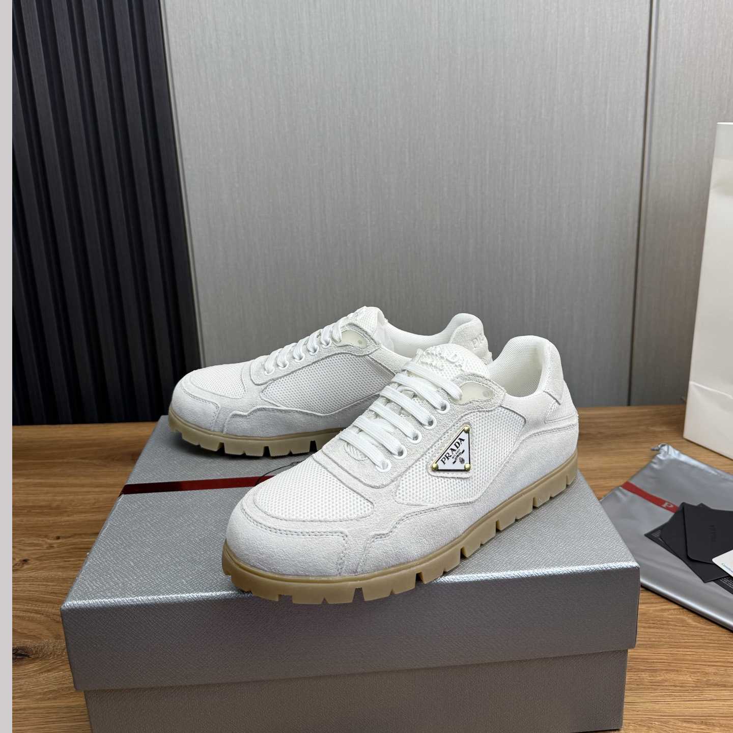 Prada Trail Mesh Fabric And Suede Sneakers - FashionPlug