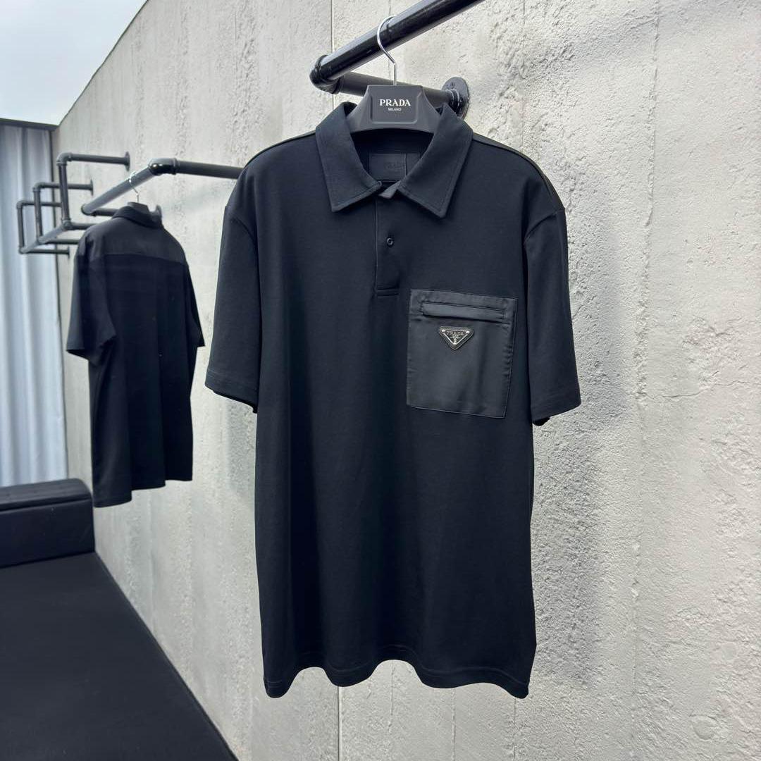 Prada Stretch Cotton Polo Shirt With Re-Nylon Details - FashionPlug