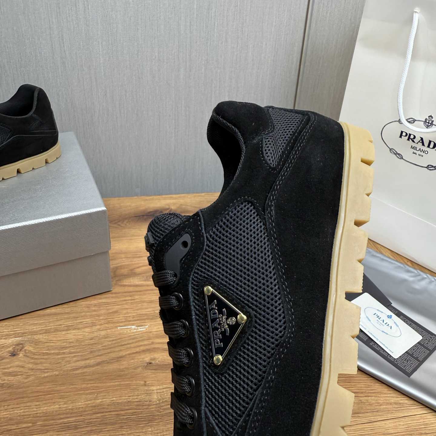 Prada Trail Mesh Fabric And Suede Sneakers - FashionPlug