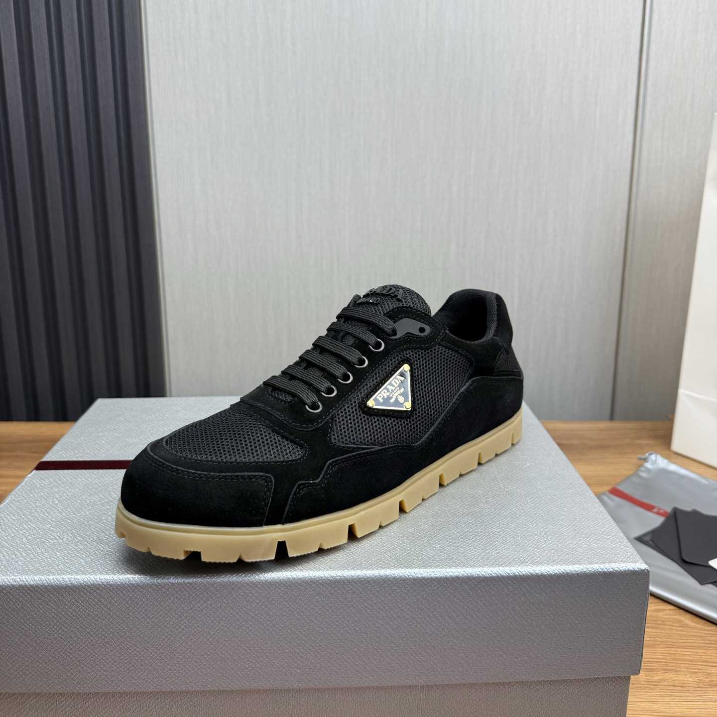 Prada Trail Mesh Fabric And Suede Sneakers - FashionPlug