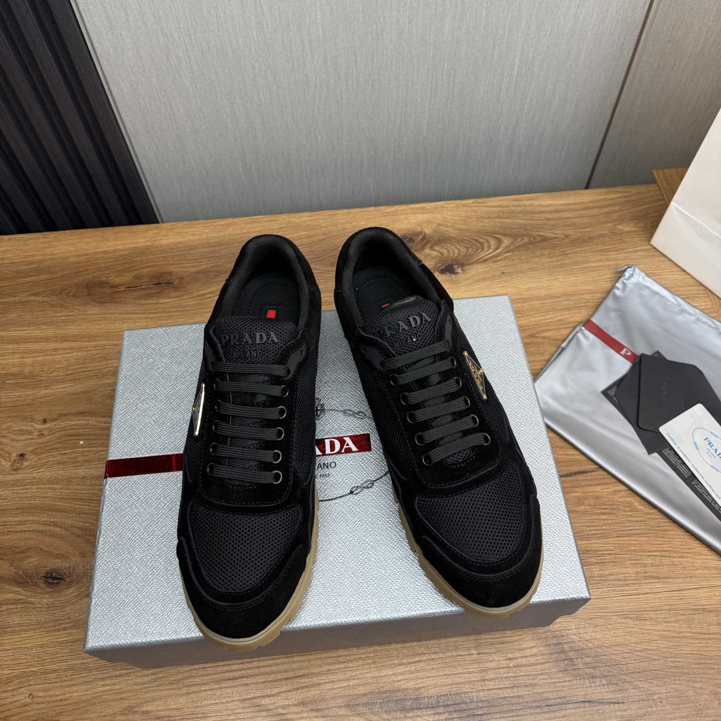 Prada Trail Mesh Fabric And Suede Sneakers - FashionPlug