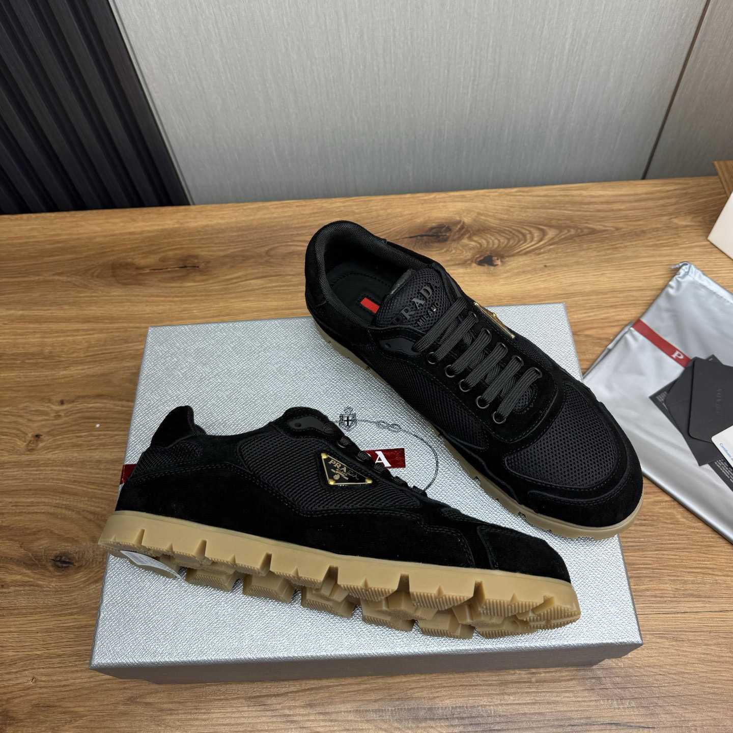 Prada Trail Mesh Fabric And Suede Sneakers - FashionPlug