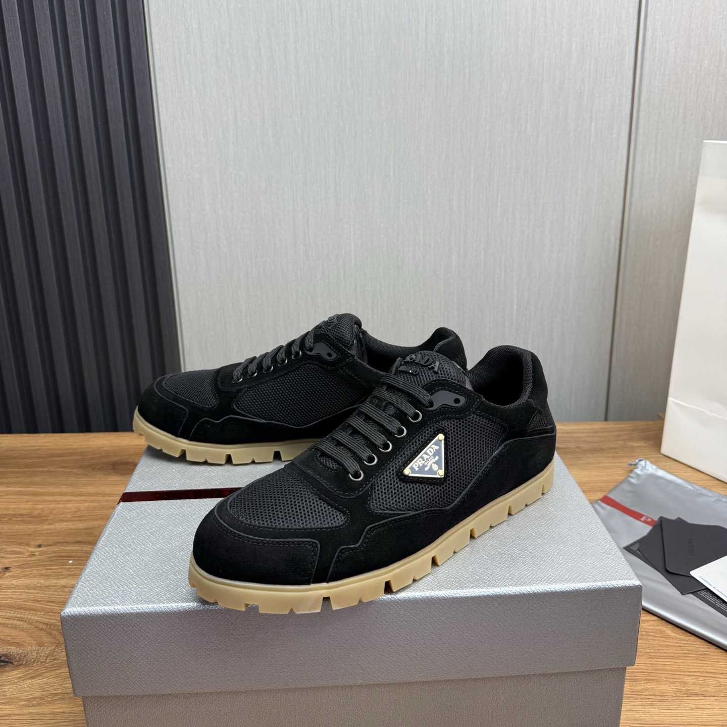 Prada Trail Mesh Fabric And Suede Sneakers - FashionPlug