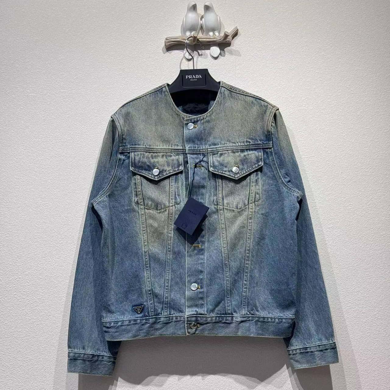Prada Triangle-logo Denim Blouson Jacket - FashionPlug