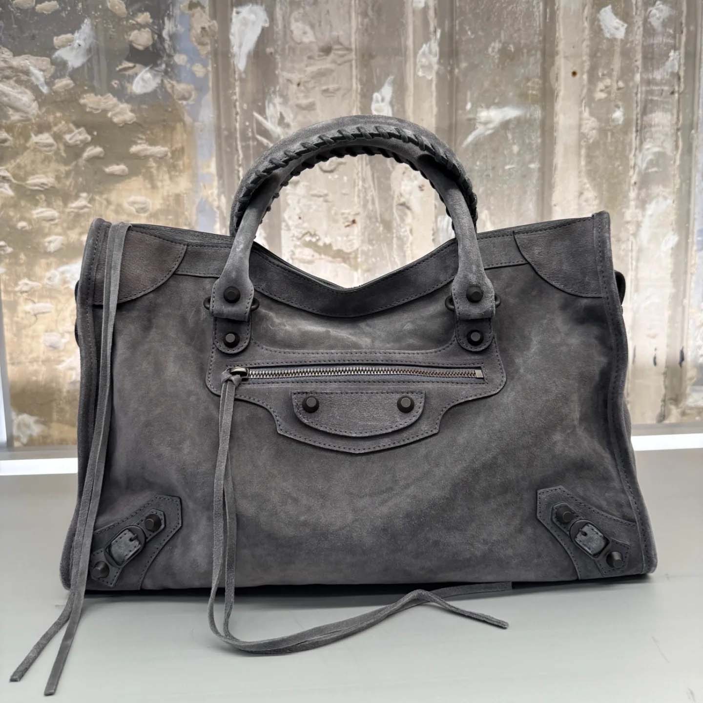 Balenciaga Le City Bag Medium in storm grey suede calfskin, brass hardware - FashionPlug
