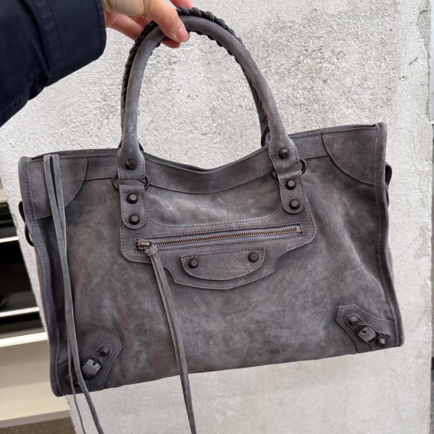 Balenciaga Le City Bag Medium in storm grey suede calfskin, brass hardware - FashionPlug