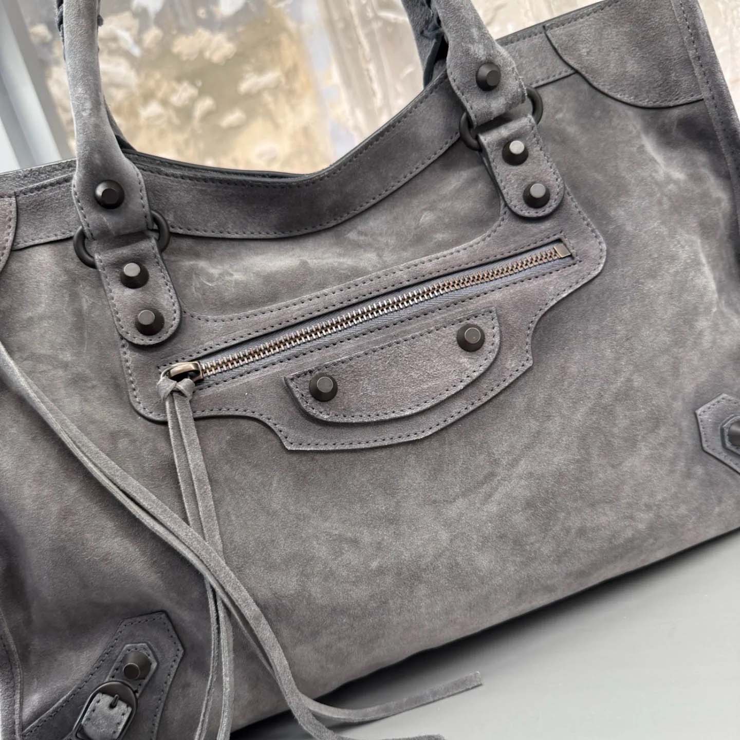 Balenciaga Le City Bag Medium in storm grey suede calfskin, brass hardware - FashionPlug
