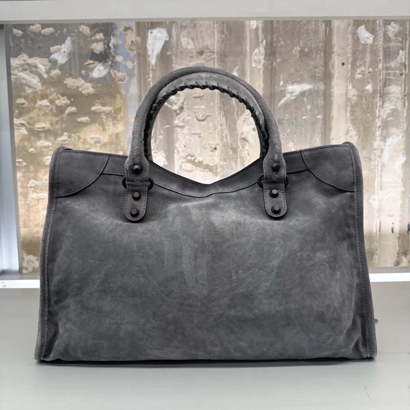 Balenciaga Le City Bag Medium in storm grey suede calfskin, brass hardware - FashionPlug