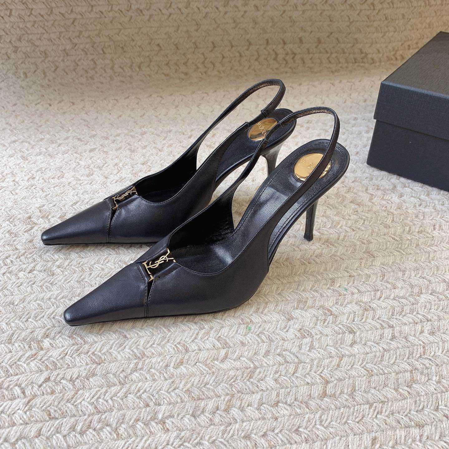 Saint Laurent Leather YSL Slingback Pumps - FashionPlug