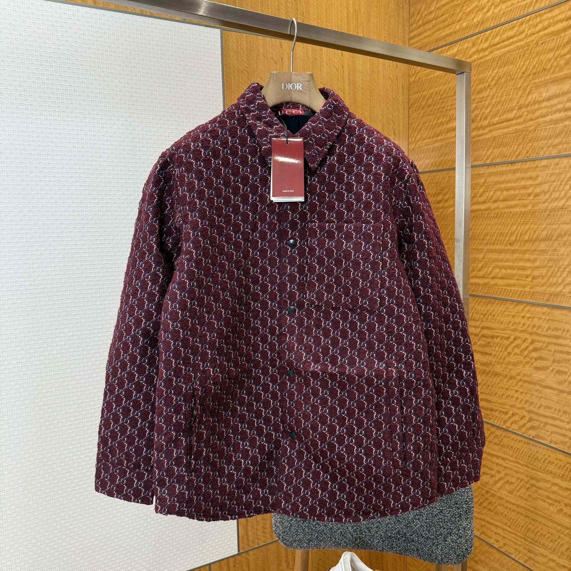 Gucci Bouclé Wool Jacquard Shirt 'Burgundy/Blue' - FashionPlug