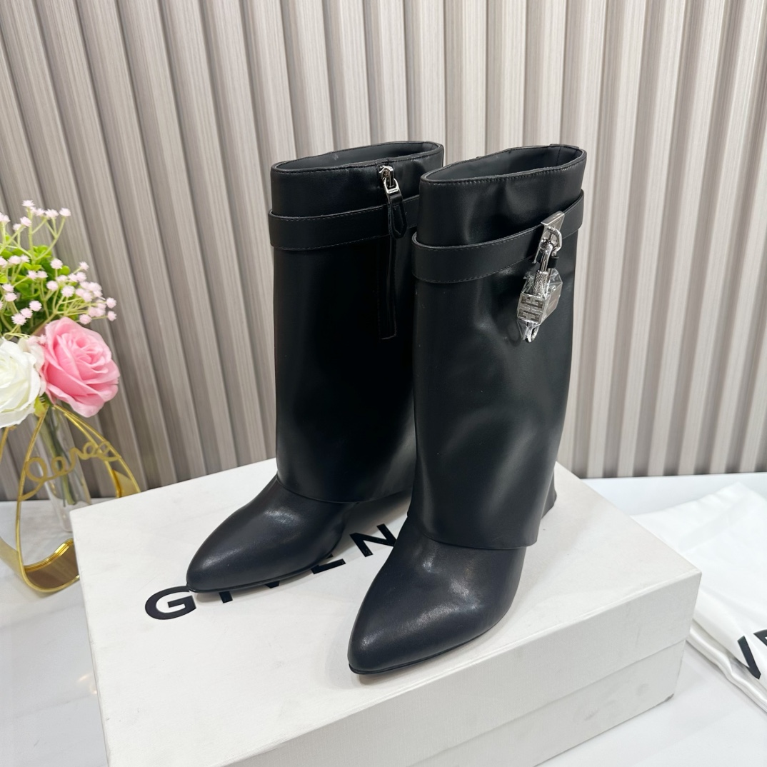 Givenchy Shark Lock Leather Knee-high Boots - FashionPlug