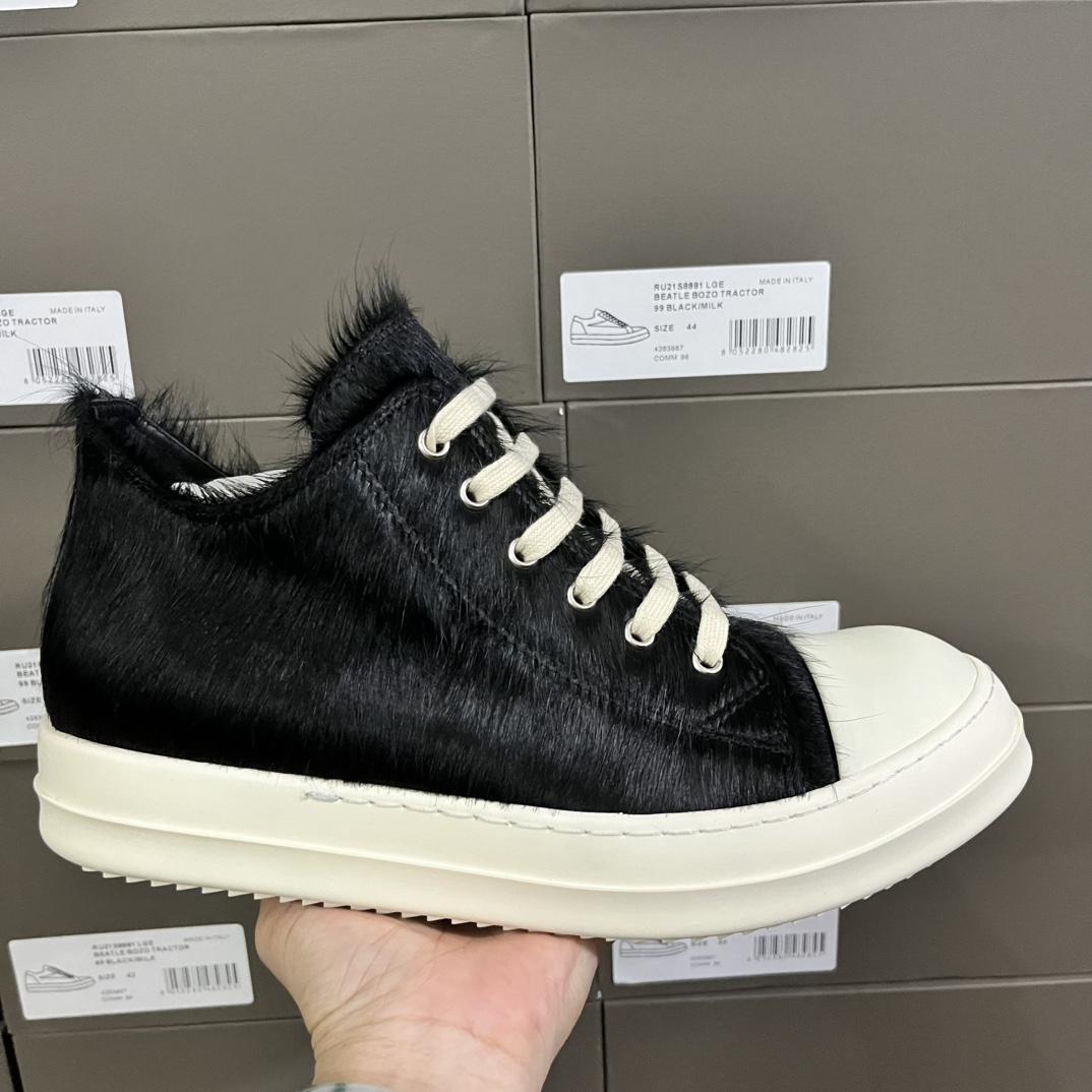 Rick Owens Black Pony Hair Low Sneakers - FashionPlug