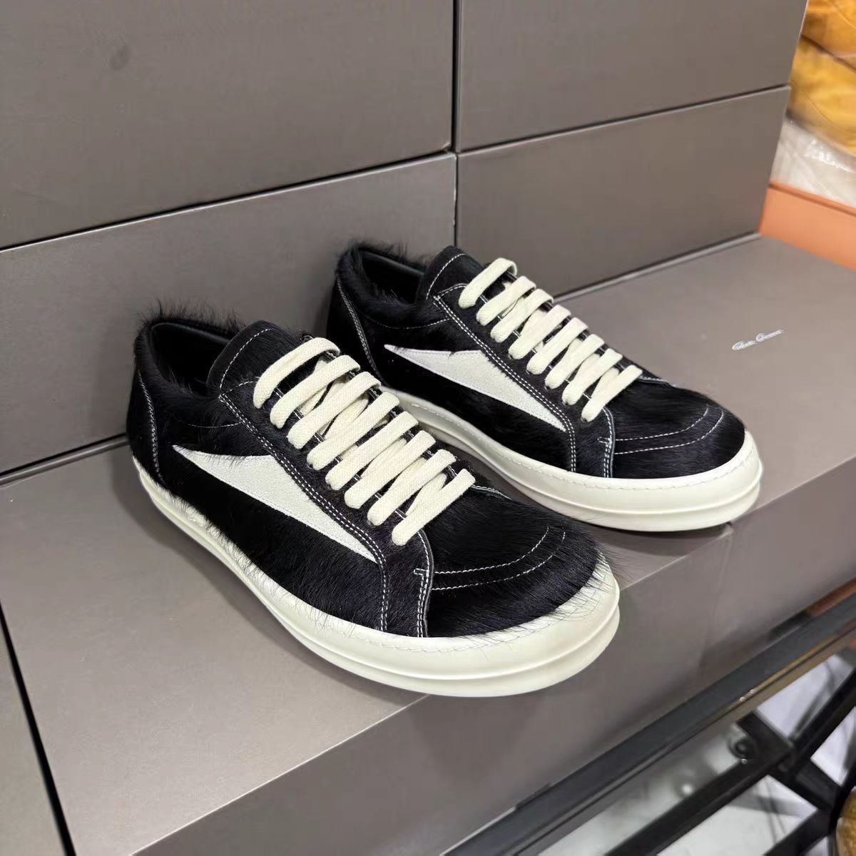 Rick Owens Black Pony Hair Low Sneakers - FashionPlug