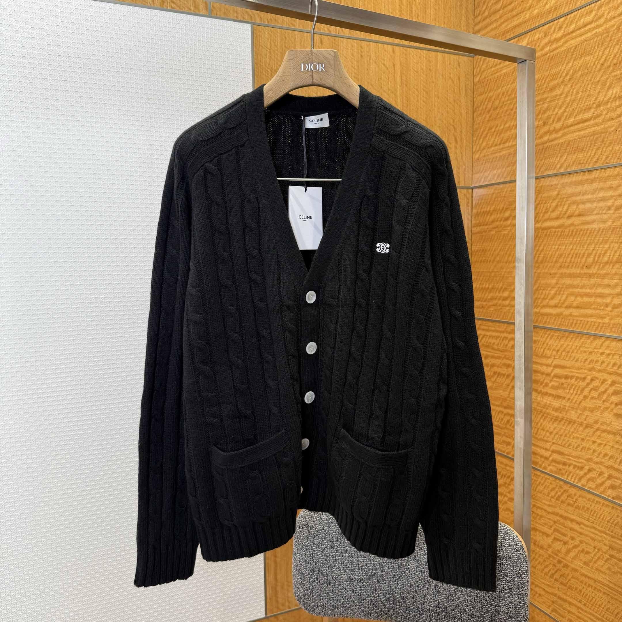 Celine Triomphe Cardigan In Cable-Knit Cashmere - FashionPlug