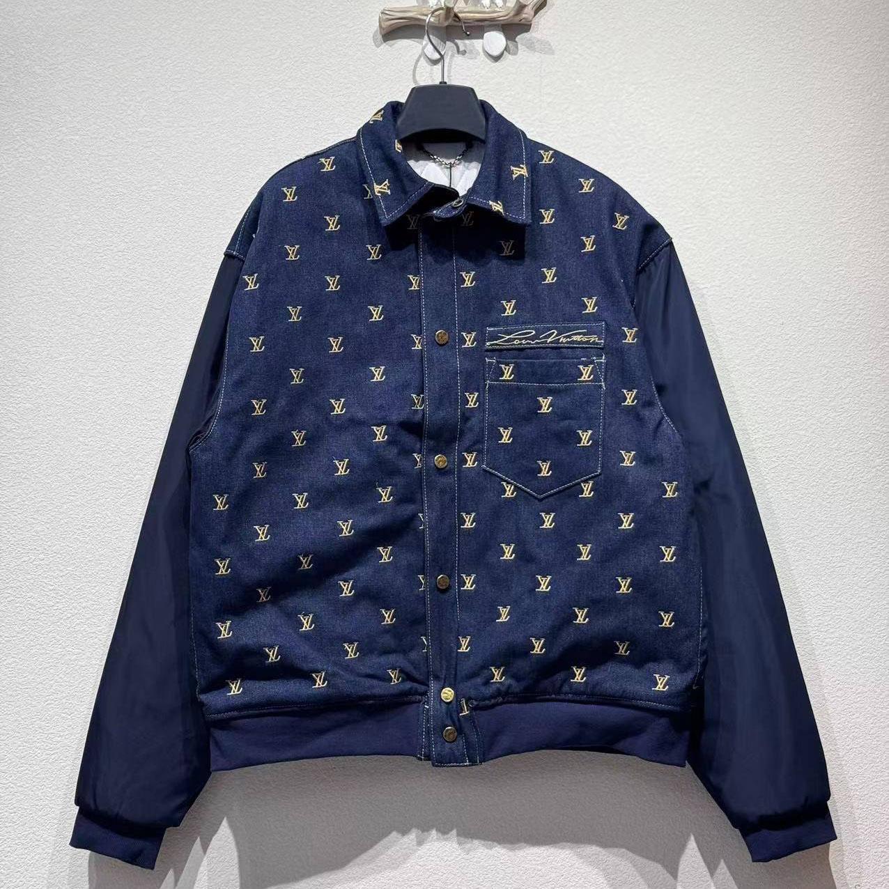 Louis Vuitton Upcycled Denim Varsity Jacket    - FashionPlug