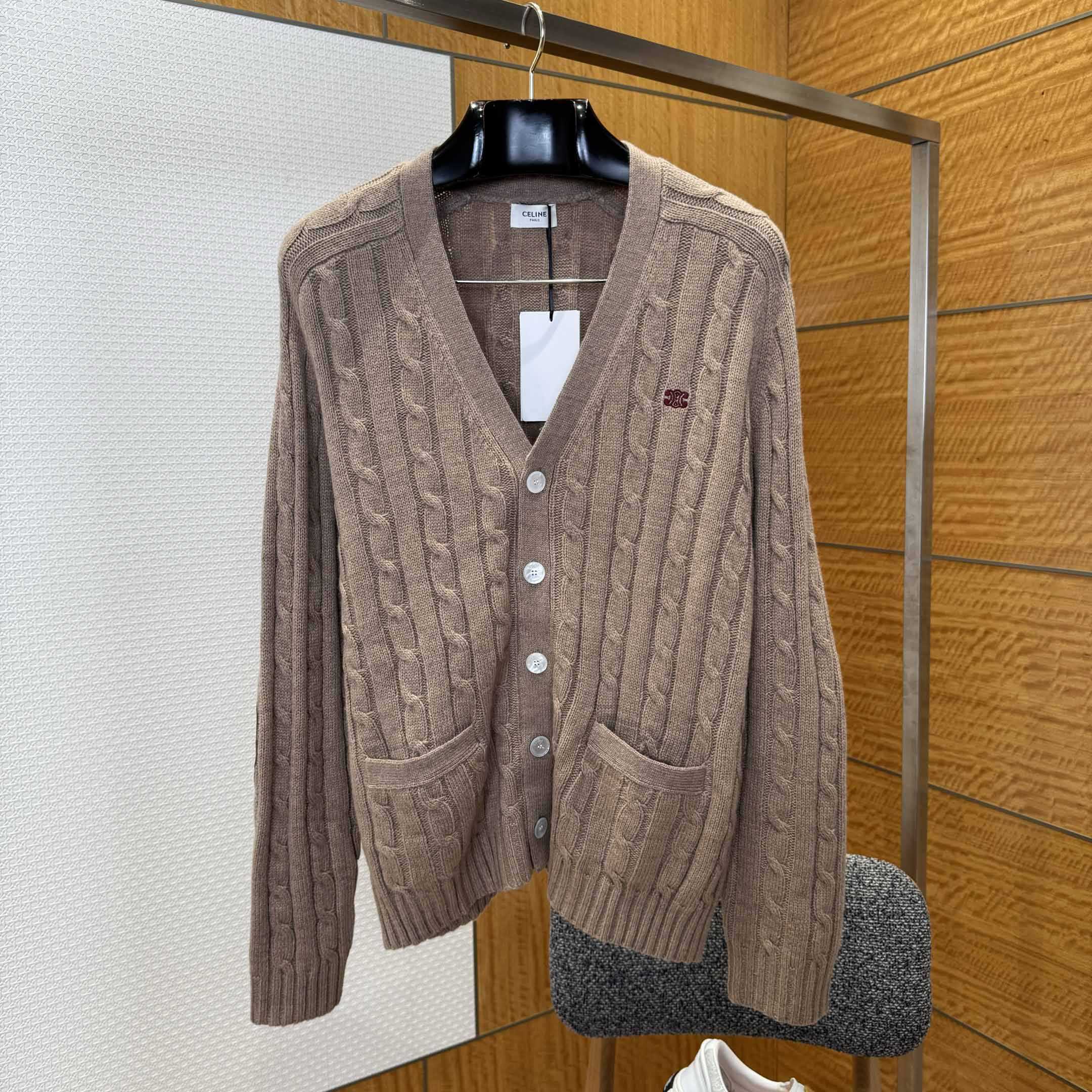 Celine Triomphe Cardigan In Cable-Knit Cashmere - FashionPlug