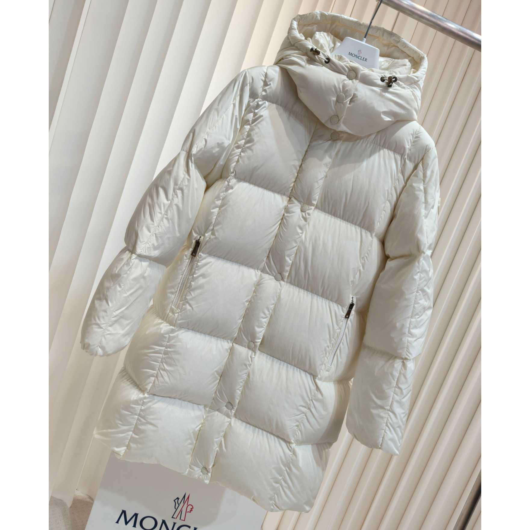 Moncler Litte Square-Quilted Hooded Long Down Jacket - FashionPlug