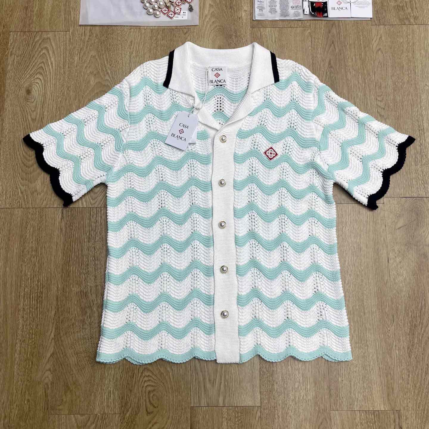 Casablanca Gradient Wave Cotton Crochet Short Sleeve Shirt   D0110 - FashionPlug