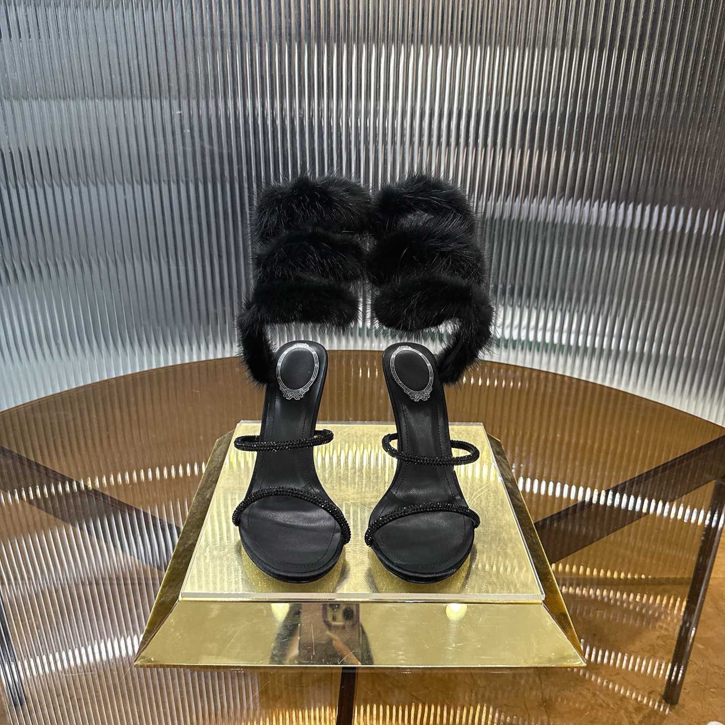 Rene Caovilla Lapin Fur-embellished 95mm Sandal   - FashionPlug