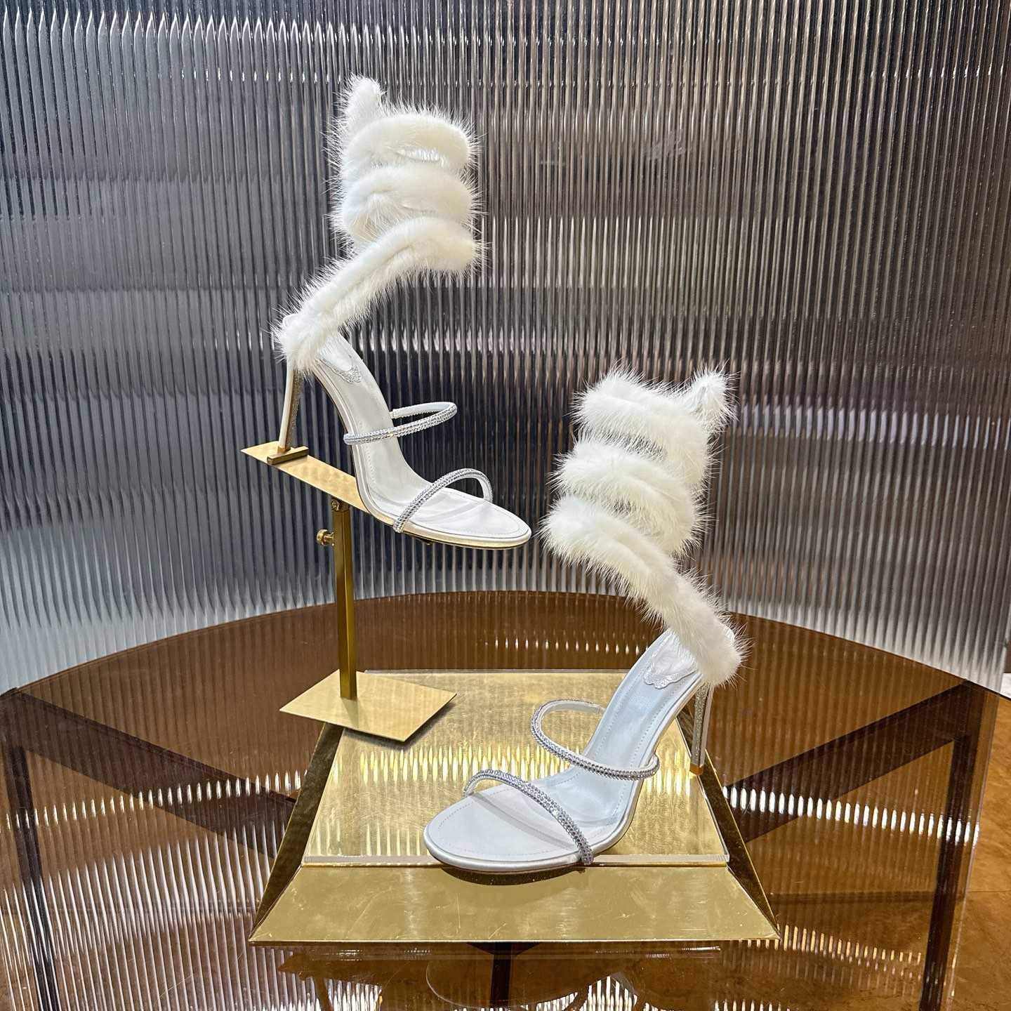 Rene Caovilla Lapin Fur-embellished 95mm Sandal   - FashionPlug